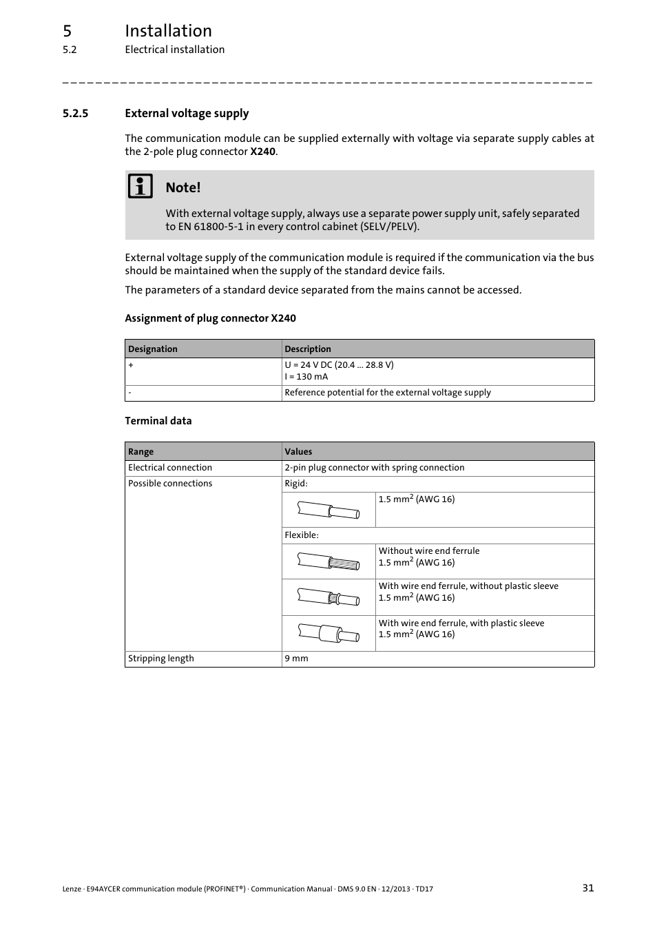 5 external voltage supply, External voltage supply, External voltage supply ( 31) | 5installation | Lenze E94AYCER User Manual | Page 31 / 119