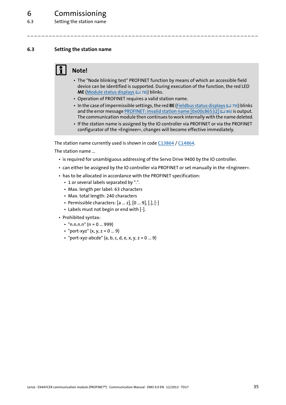 3 setting the station name, Setting the station name, 6commissioning | Lenze E94AYCER User Manual | Page 35 / 119