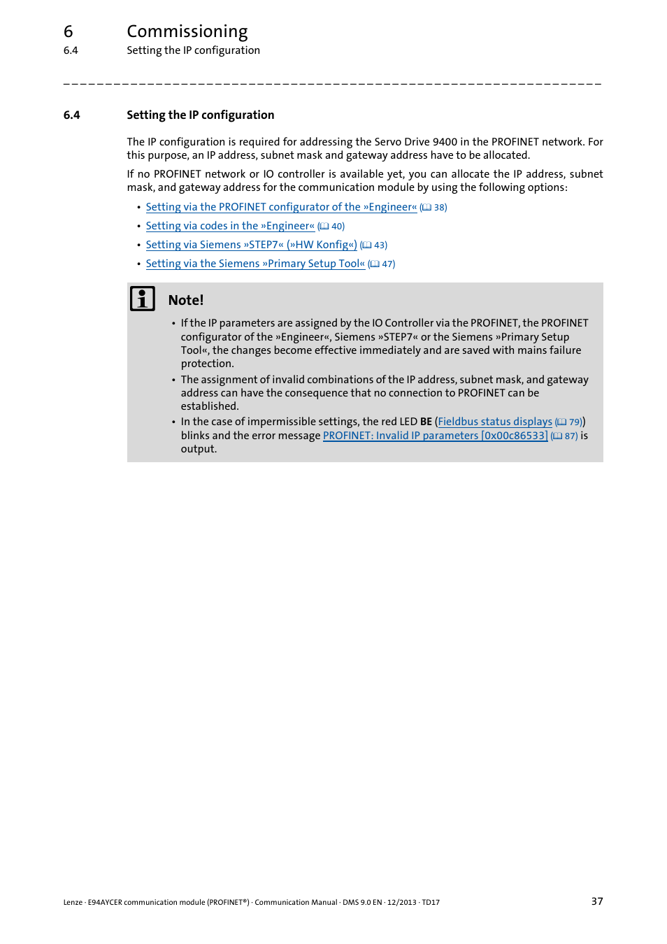 4 setting the ip configuration, Setting the ip configuration, 6commissioning | Lenze E94AYCER User Manual | Page 37 / 119