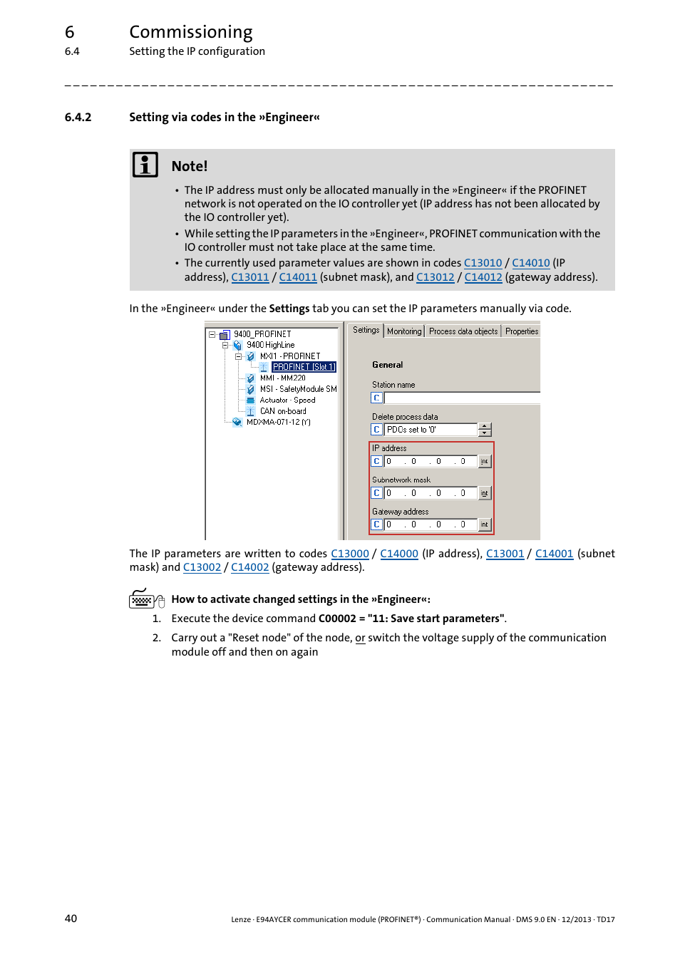 2 setting via codes in the »engineer, Setting via codes in the »engineer, 6commissioning | Lenze E94AYCER User Manual | Page 40 / 119