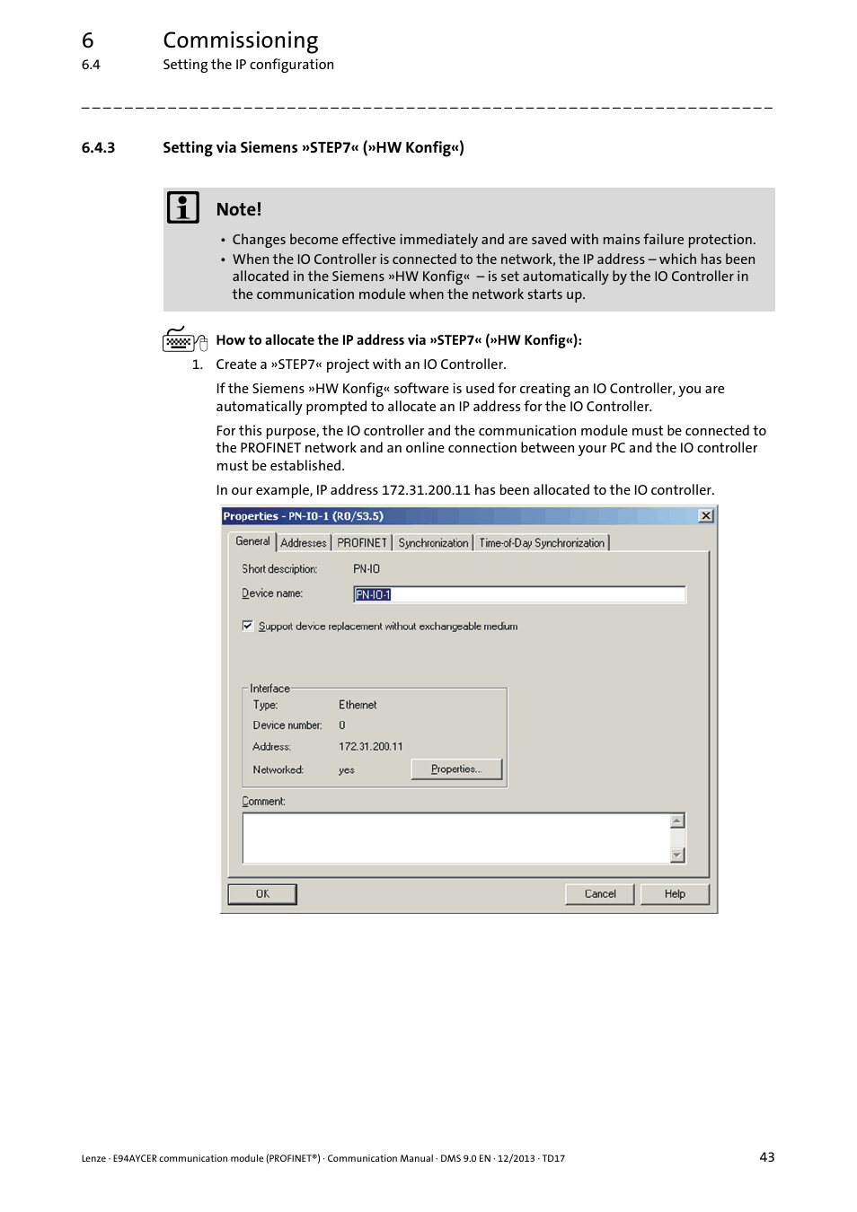 3 setting via siemens »step7« (»hw konfig«), Setting via siemens »step7« (»hw konfig«), 6commissioning | Lenze E94AYCER User Manual | Page 43 / 119