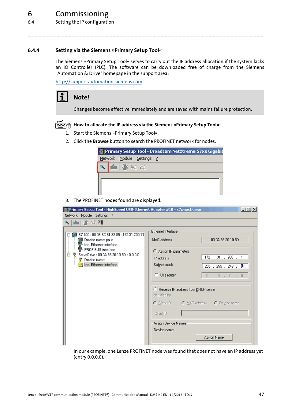 4 setting via the siemens »primary setup tool, Setting via the siemens »primary setup tool, 6commissioning | Lenze E94AYCER User Manual | Page 47 / 119