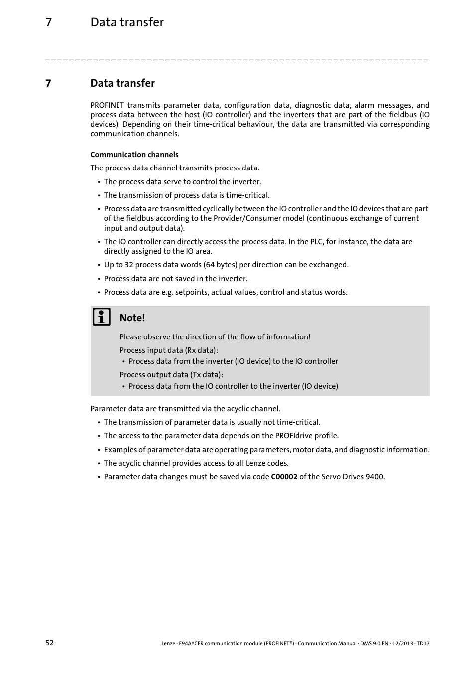 7 data transfer, Data transfer, 7data transfer | Lenze E94AYCER User Manual | Page 52 / 119