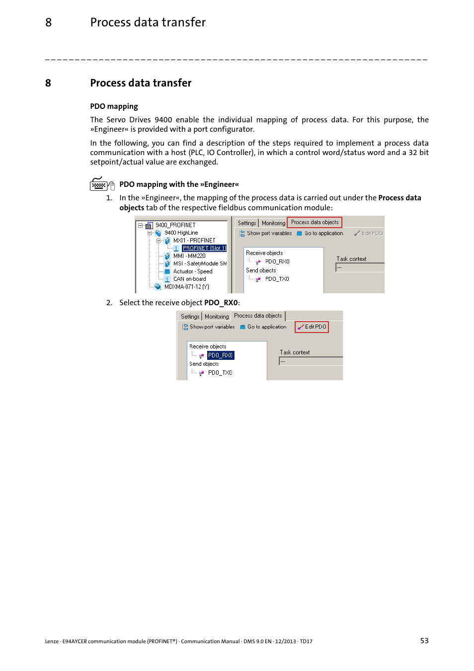 8 process data transfer, Process data transfer, 8process data transfer | Lenze E94AYCER User Manual | Page 53 / 119