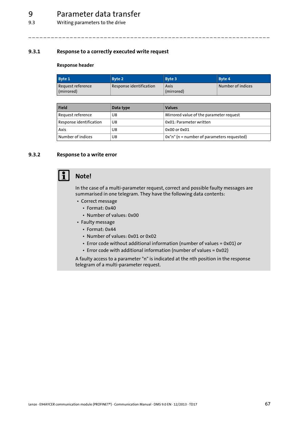 1 response to a correctly executed write request, 2 response to a write error, Response to a correctly executed write request | Response to a write error, 9parameter data transfer | Lenze E94AYCER User Manual | Page 67 / 119