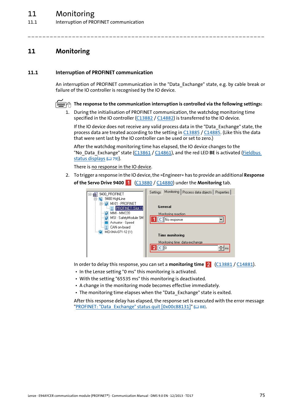 11 monitoring, 1 interruption of profinet communication, Monitoring | Monitoring ( 75) | Lenze E94AYCER User Manual | Page 75 / 119