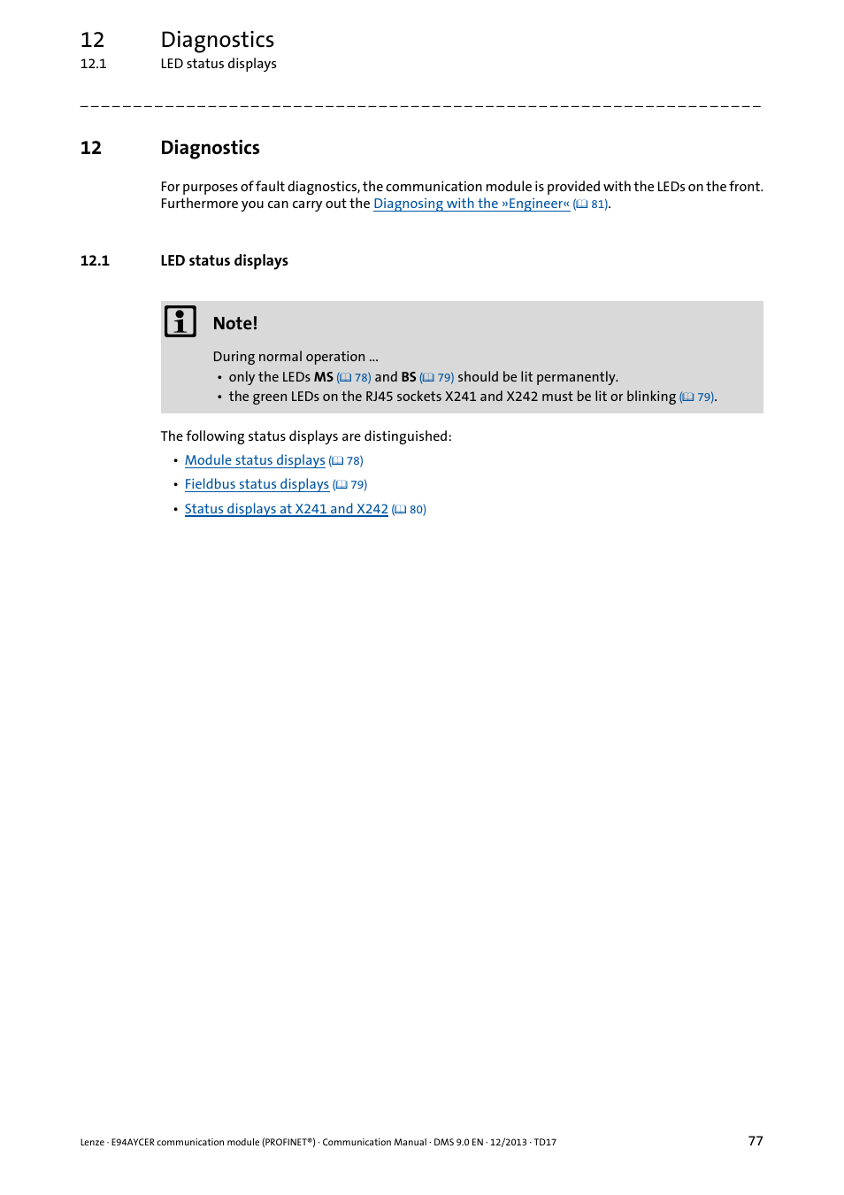 12 diagnostics, 1 led status displays, Diagnostics | Lenze E94AYCER User Manual | Page 77 / 119