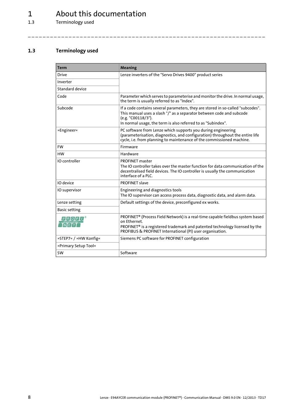 3 terminology used, Terminology used, 1about this documentation | Lenze E94AYCER User Manual | Page 8 / 119