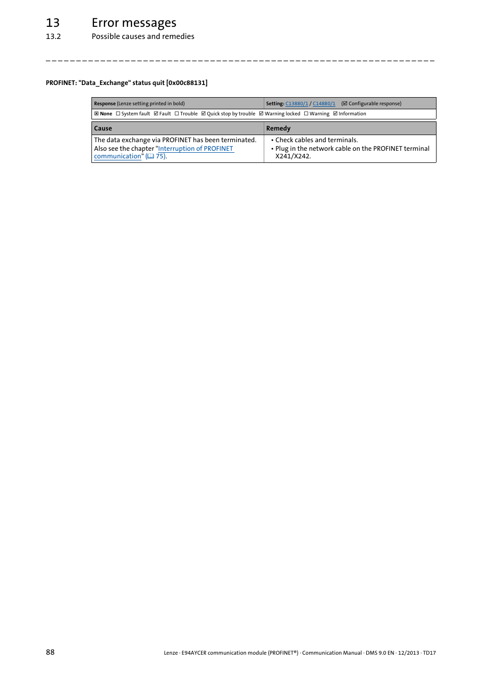 Profinet: "data_exchange" status quit [0x00c88131, 0x00c88131, 13 error messages | Lenze E94AYCER User Manual | Page 88 / 119