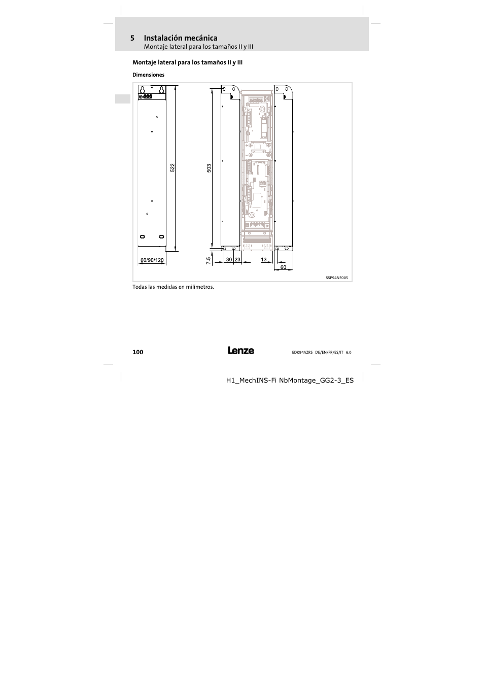Montaje lateral para los tamaños ii y iii | Lenze E94AZRS0294 User Manual | Page 100 / 132