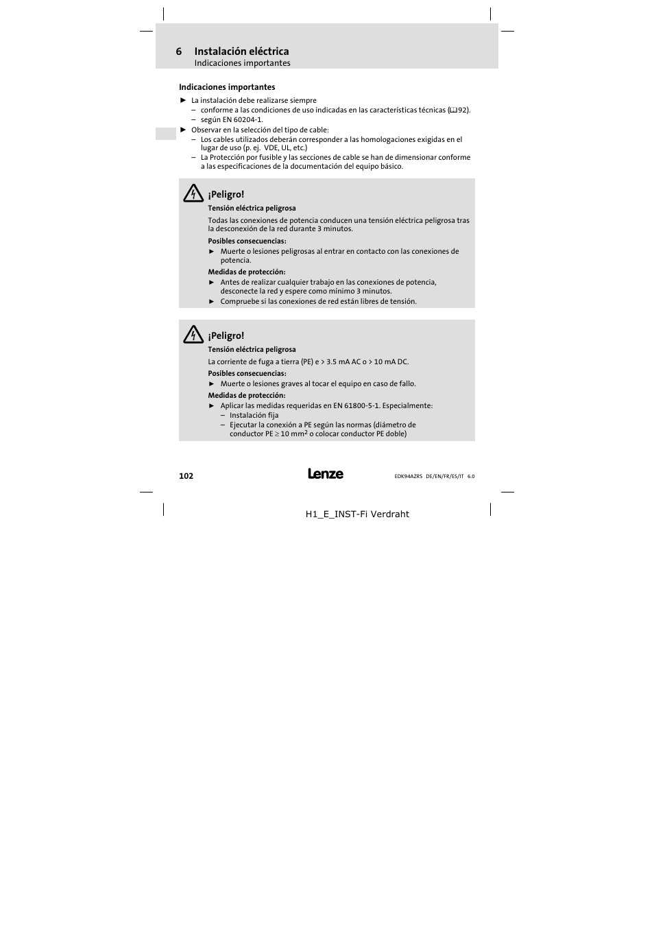 Instalación eléctrica, Indicaciones importantes, 6instalación eléctrica | Lenze E94AZRS0294 User Manual | Page 102 / 132