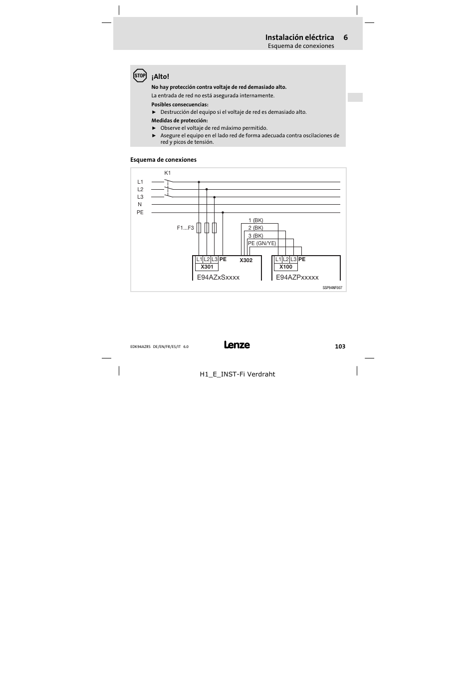 Esquema de conexiones, Instalación eléctrica | Lenze E94AZRS0294 User Manual | Page 103 / 132