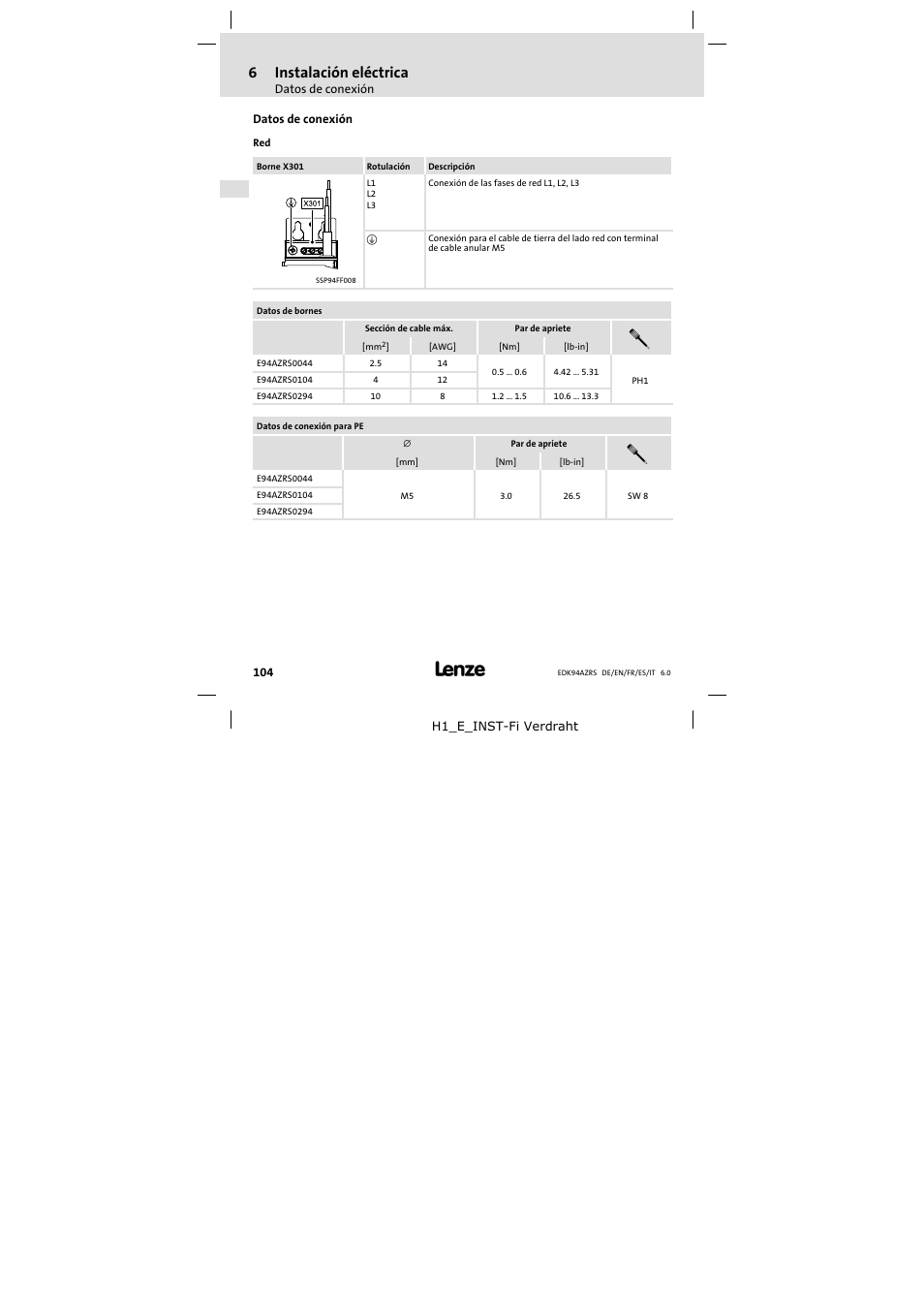 Datos de conexión, 6instalación eléctrica | Lenze E94AZRS0294 User Manual | Page 104 / 132
