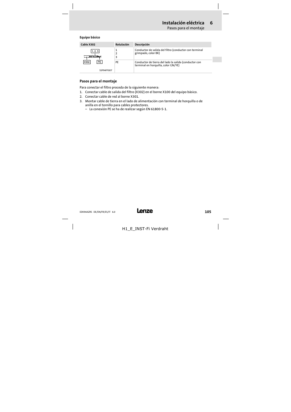 Pasos para el montaje, Instalación eléctrica | Lenze E94AZRS0294 User Manual | Page 105 / 132