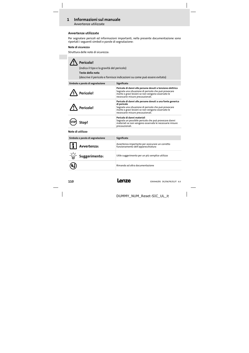 Avvertenze utilizzate | Lenze E94AZRS0294 User Manual | Page 110 / 132