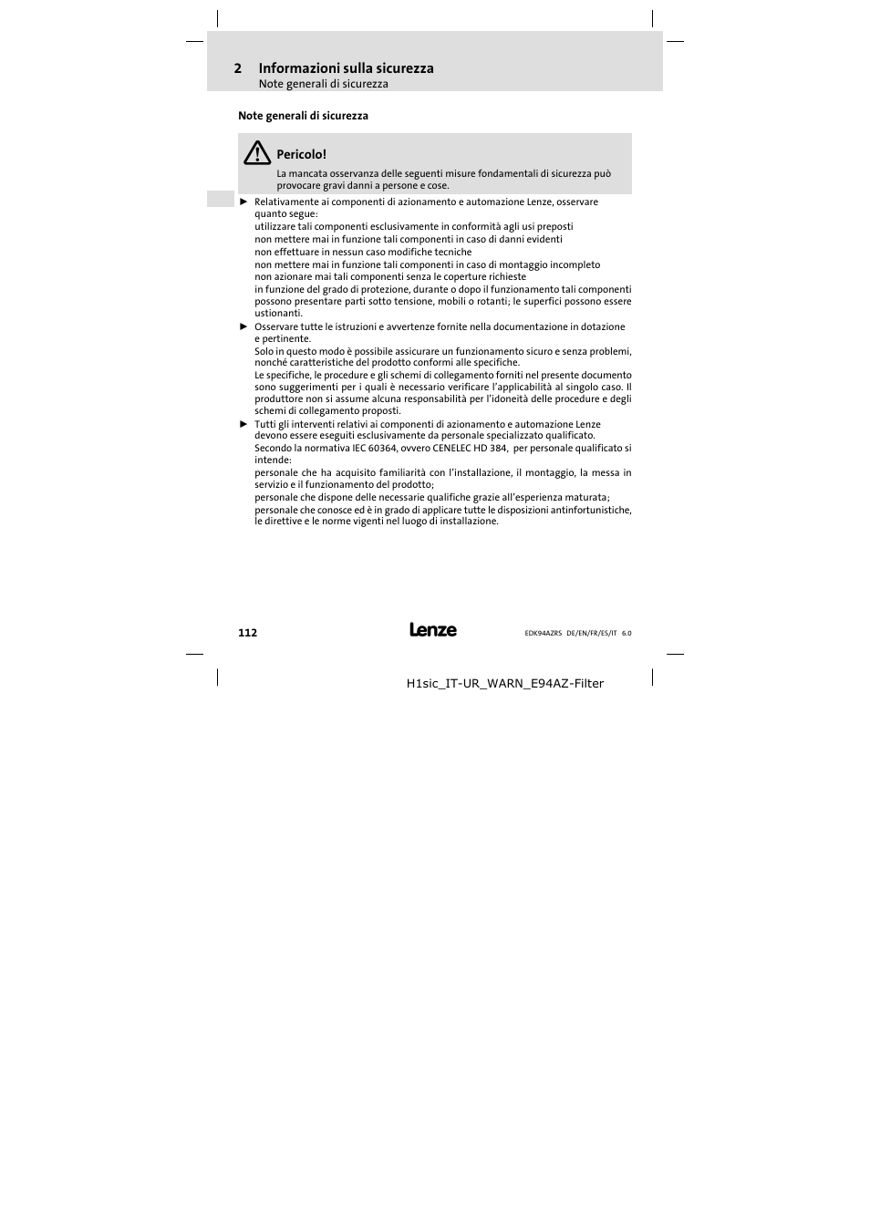 Informazioni sulla sicurezza, Note generali di sicurezza | Lenze E94AZRS0294 User Manual | Page 112 / 132