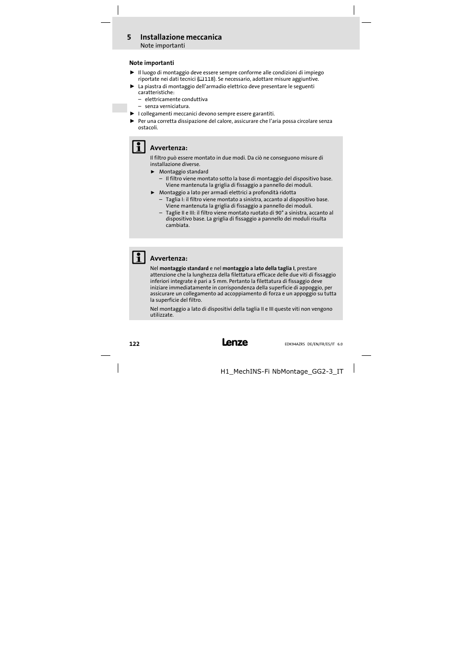 Installazione meccanica, Note importanti, 5installazione meccanica | Lenze E94AZRS0294 User Manual | Page 122 / 132