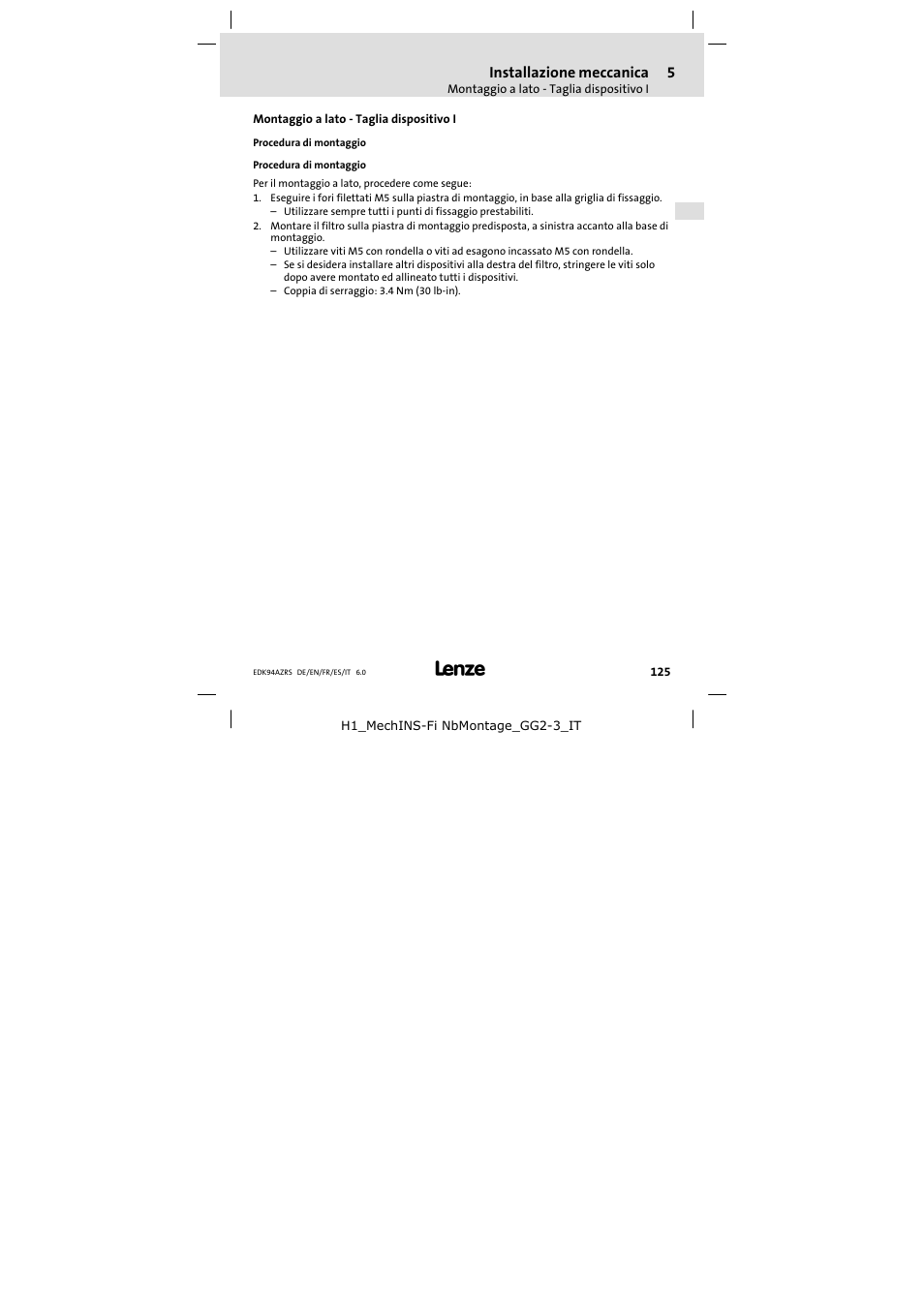 Montaggio a lato - taglia dispositivo i, Montaggio a lato − taglia dispositivo i | Lenze E94AZRS0294 User Manual | Page 125 / 132