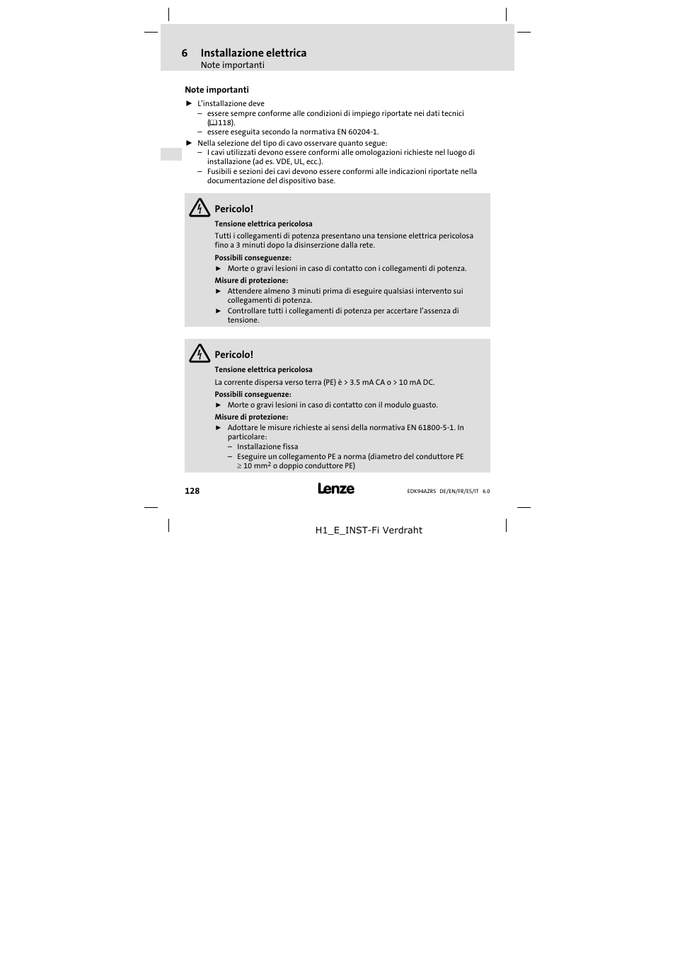Installazione elettrica, Note importanti, 6installazione elettrica | Lenze E94AZRS0294 User Manual | Page 128 / 132