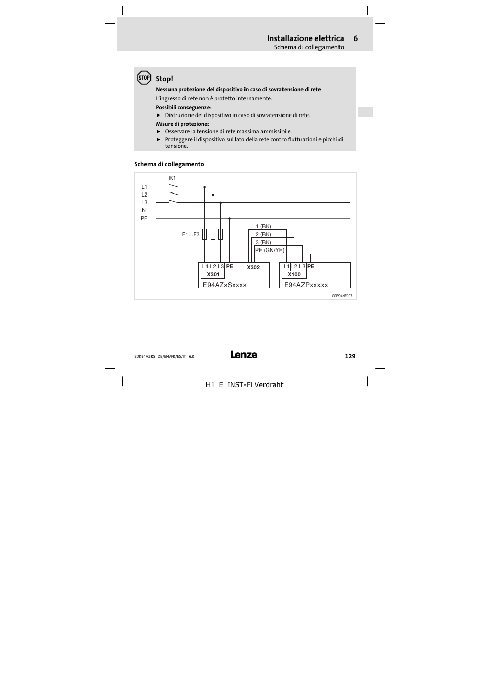Schema di collegamento, Installazione elettrica | Lenze E94AZRS0294 User Manual | Page 129 / 132