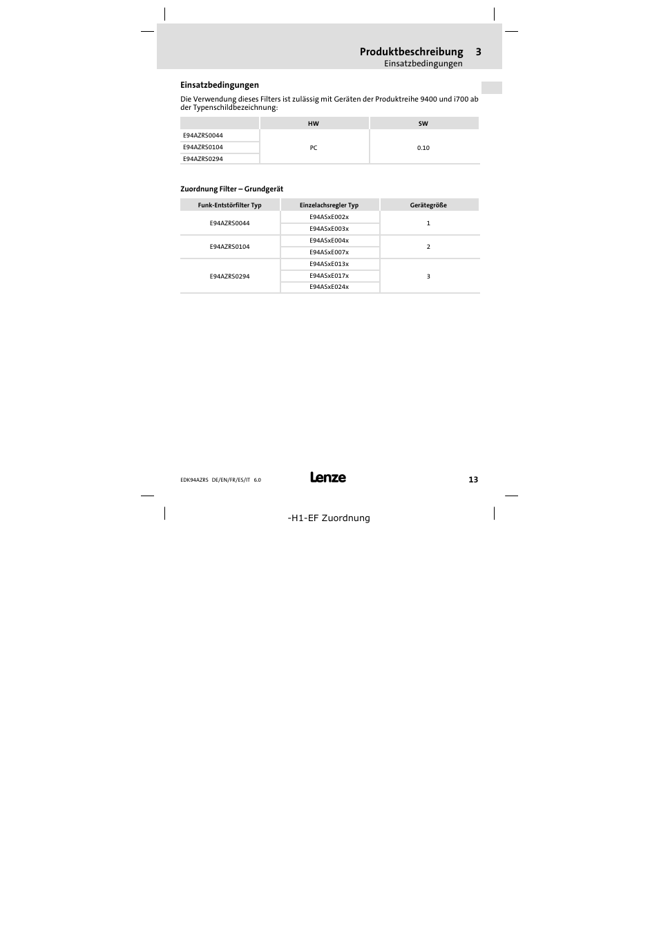 Einsatzbedingungen, Produktbeschreibung | Lenze E94AZRS0294 User Manual | Page 13 / 132