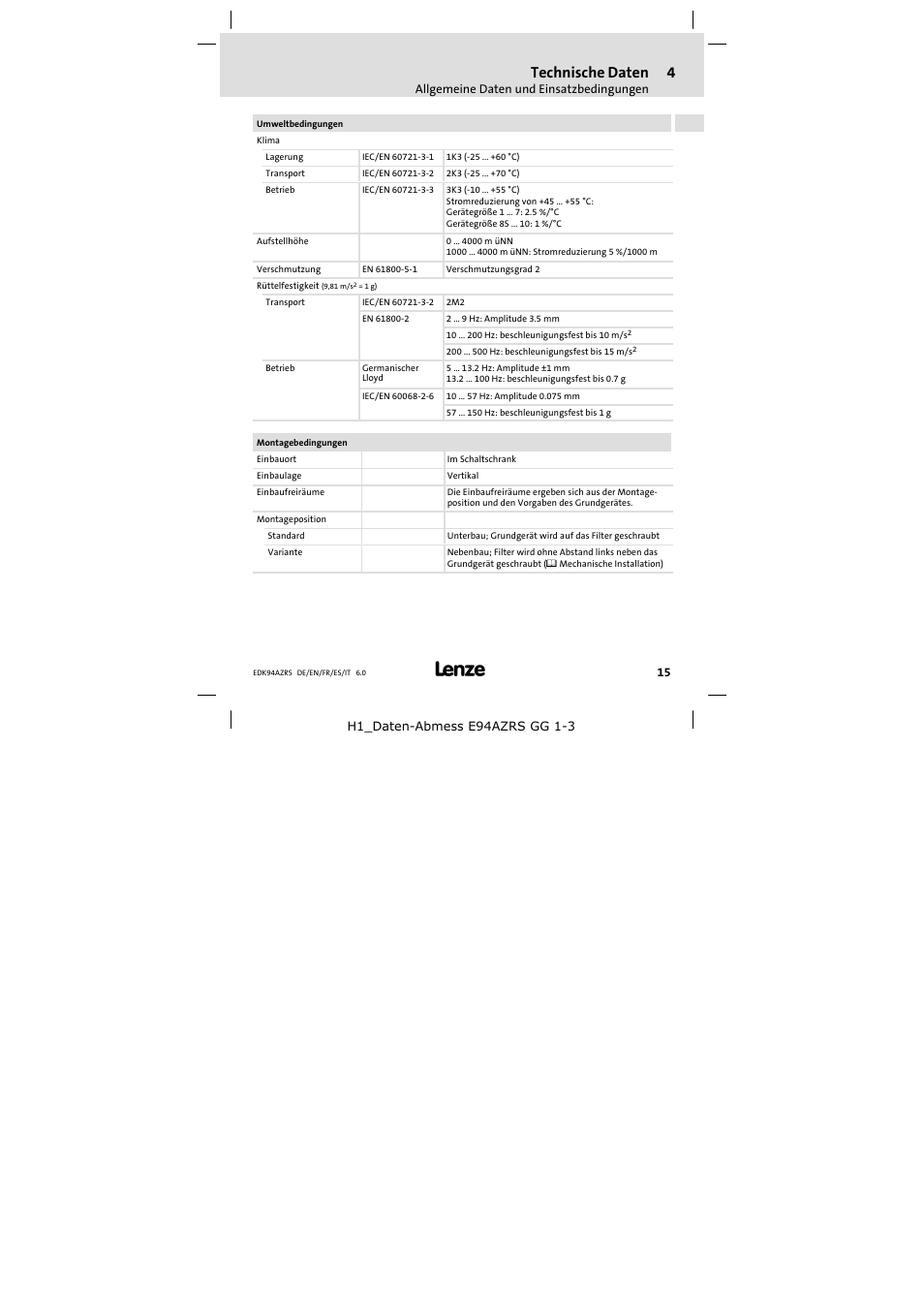 Technische daten | Lenze E94AZRS0294 User Manual | Page 15 / 132