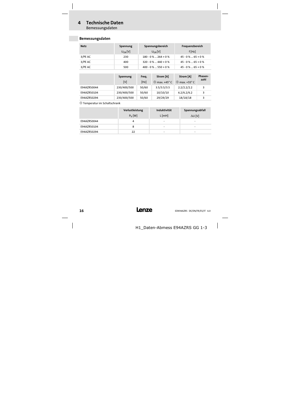 Bemessungsdaten, 4technische daten | Lenze E94AZRS0294 User Manual | Page 16 / 132