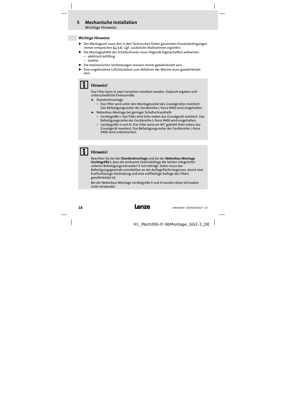 Mechanische installation, Wichtige hinweise, 5mechanische installation | Lenze E94AZRS0294 User Manual | Page 18 / 132