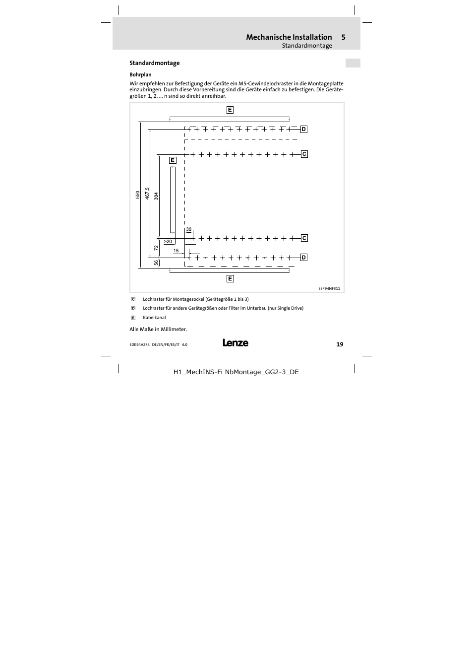 Standardmontage, Bohrplan, Standardmontage 19 | Mechanische installation | Lenze E94AZRS0294 User Manual | Page 19 / 132