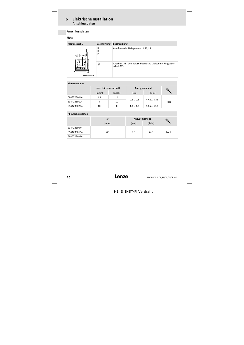 Anschlussdaten, 6elektrische installation | Lenze E94AZRS0294 User Manual | Page 26 / 132