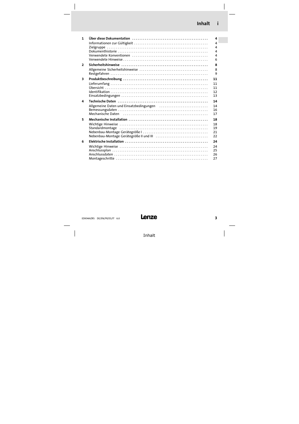 Inhalt, Inhalt i | Lenze E94AZRS0294 User Manual | Page 3 / 132