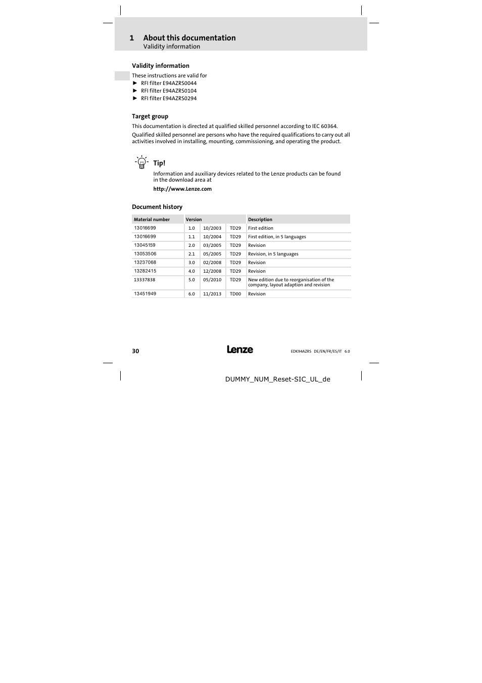 About this documentation, Validity information, Target group | Document history, 1about this documentation | Lenze E94AZRS0294 User Manual | Page 30 / 132