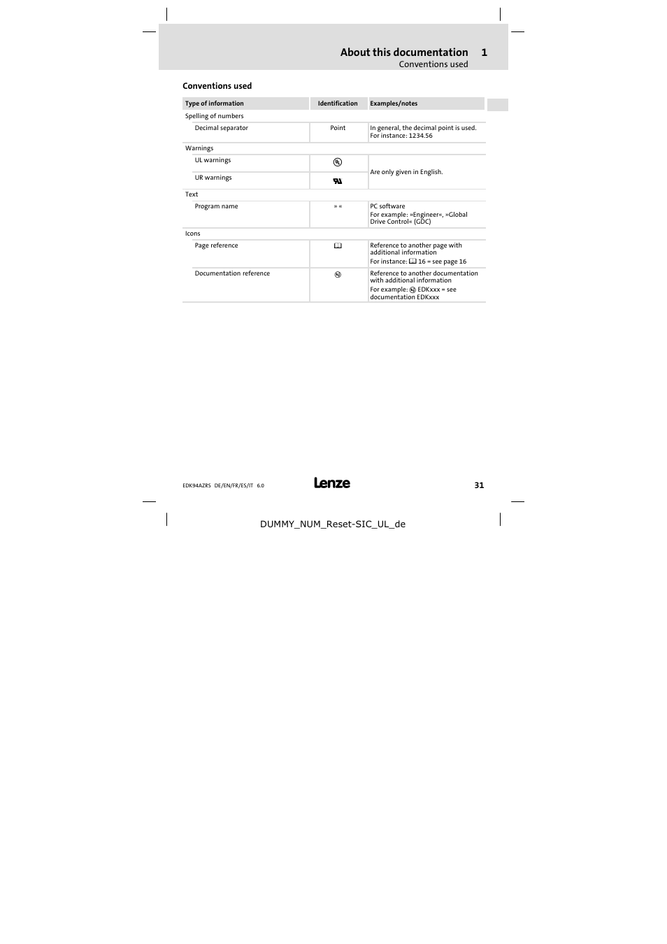 Conventions used, About this documentation | Lenze E94AZRS0294 User Manual | Page 31 / 132