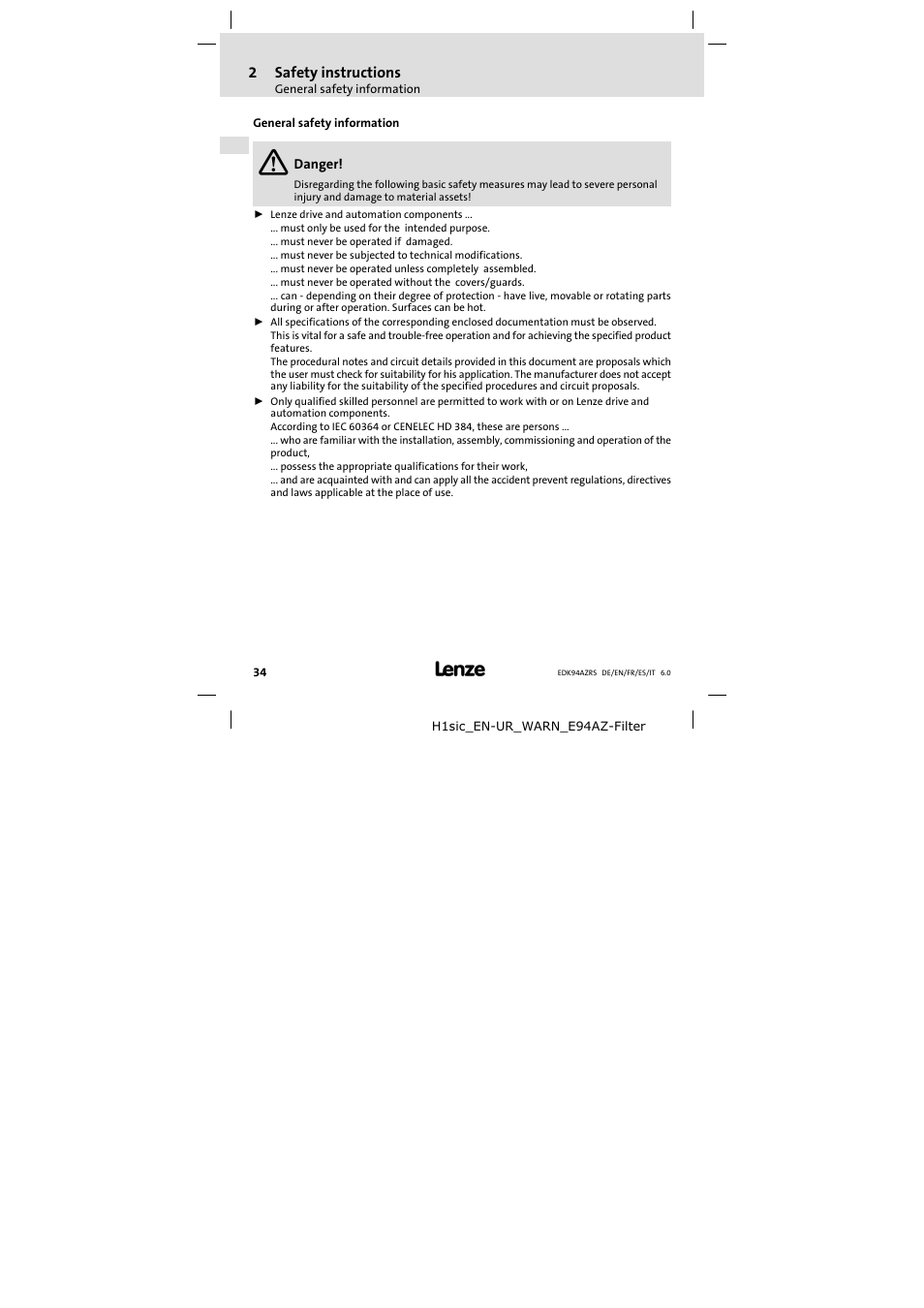 Safety instructions, General safety information | Lenze E94AZRS0294 User Manual | Page 34 / 132
