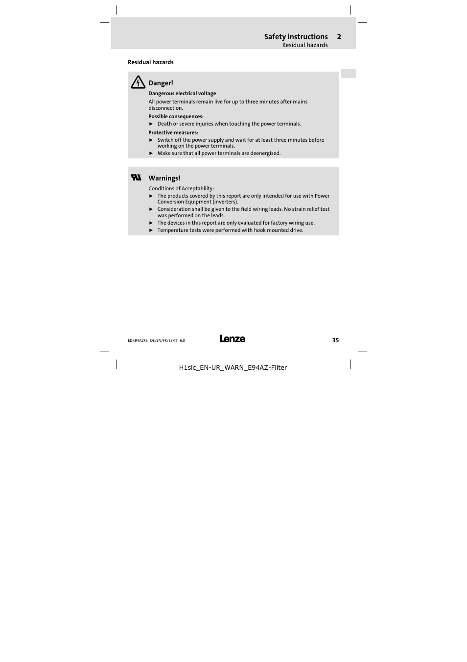 Residual hazards | Lenze E94AZRS0294 User Manual | Page 35 / 132