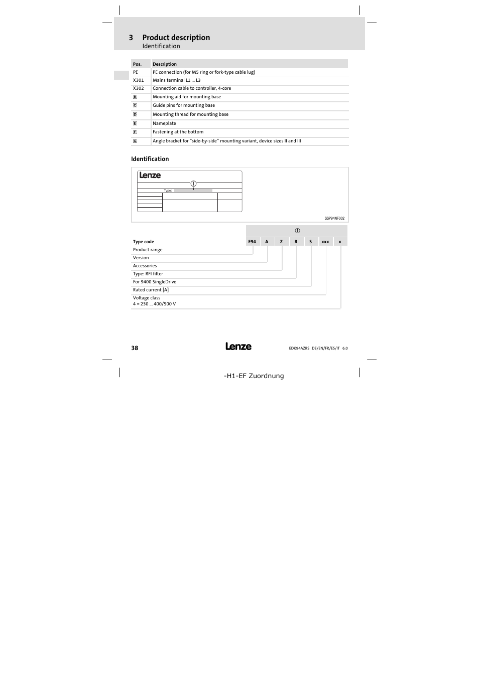 Identification, 3product description | Lenze E94AZRS0294 User Manual | Page 38 / 132