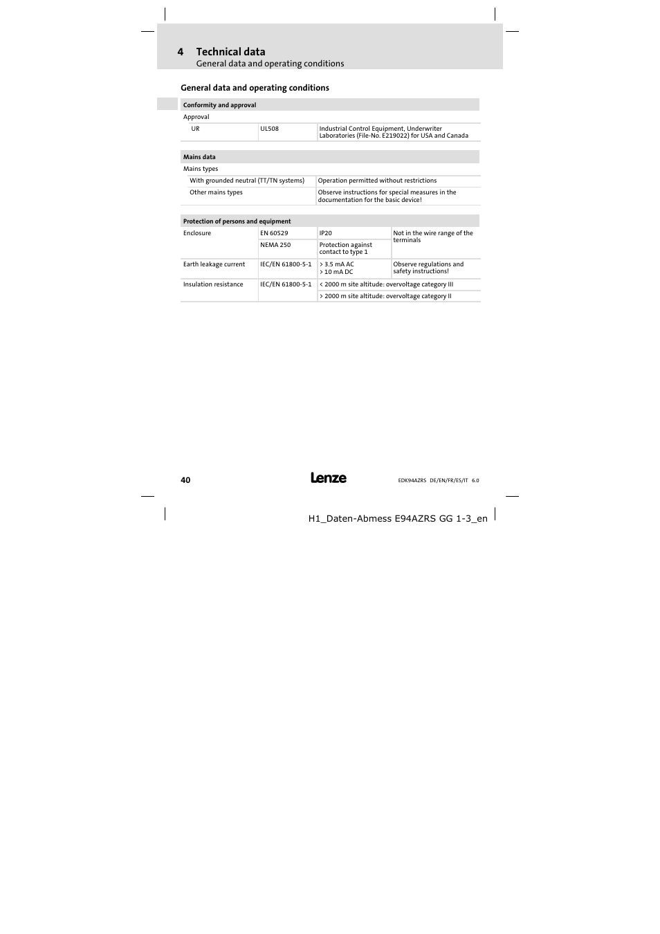 Technical data, General data and operating conditions, 4technical data | Lenze E94AZRS0294 User Manual | Page 40 / 132