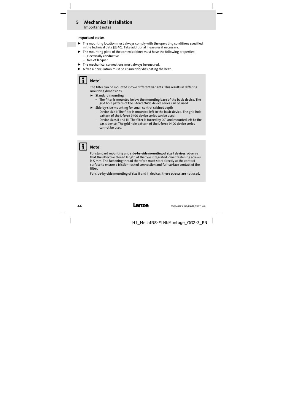 Mechanical installation, Important notes | Lenze E94AZRS0294 User Manual | Page 44 / 132