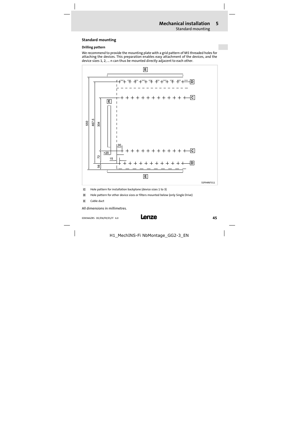Standard mounting, Drilling pattern, Mechanical installation | Lenze E94AZRS0294 User Manual | Page 45 / 132