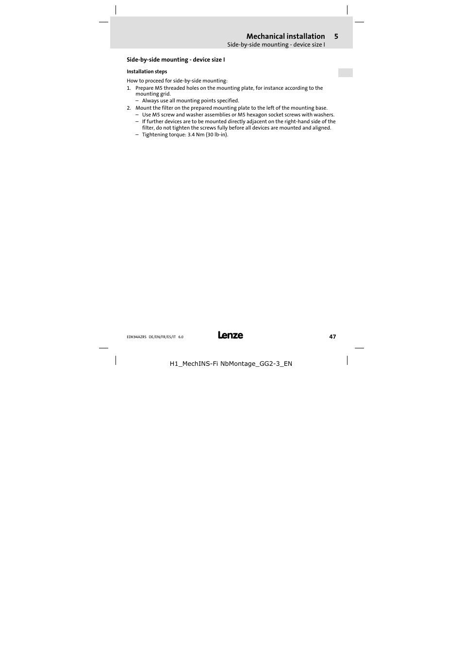 Side-by-side mounting - device size i, Side−by−side mounting − device size i | Lenze E94AZRS0294 User Manual | Page 47 / 132