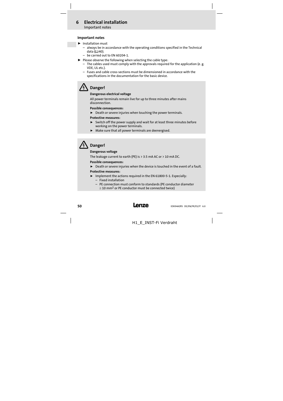 Electrical installation, Important notes, 6electrical installation | Lenze E94AZRS0294 User Manual | Page 50 / 132