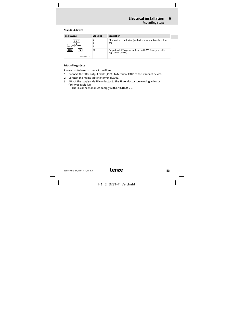 Mounting steps, Electrical installation | Lenze E94AZRS0294 User Manual | Page 53 / 132