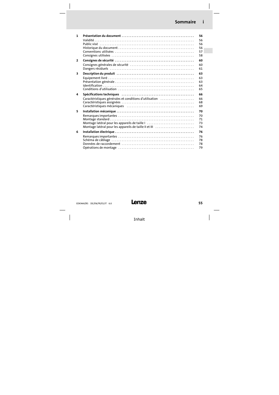 Sommaire i | Lenze E94AZRS0294 User Manual | Page 55 / 132