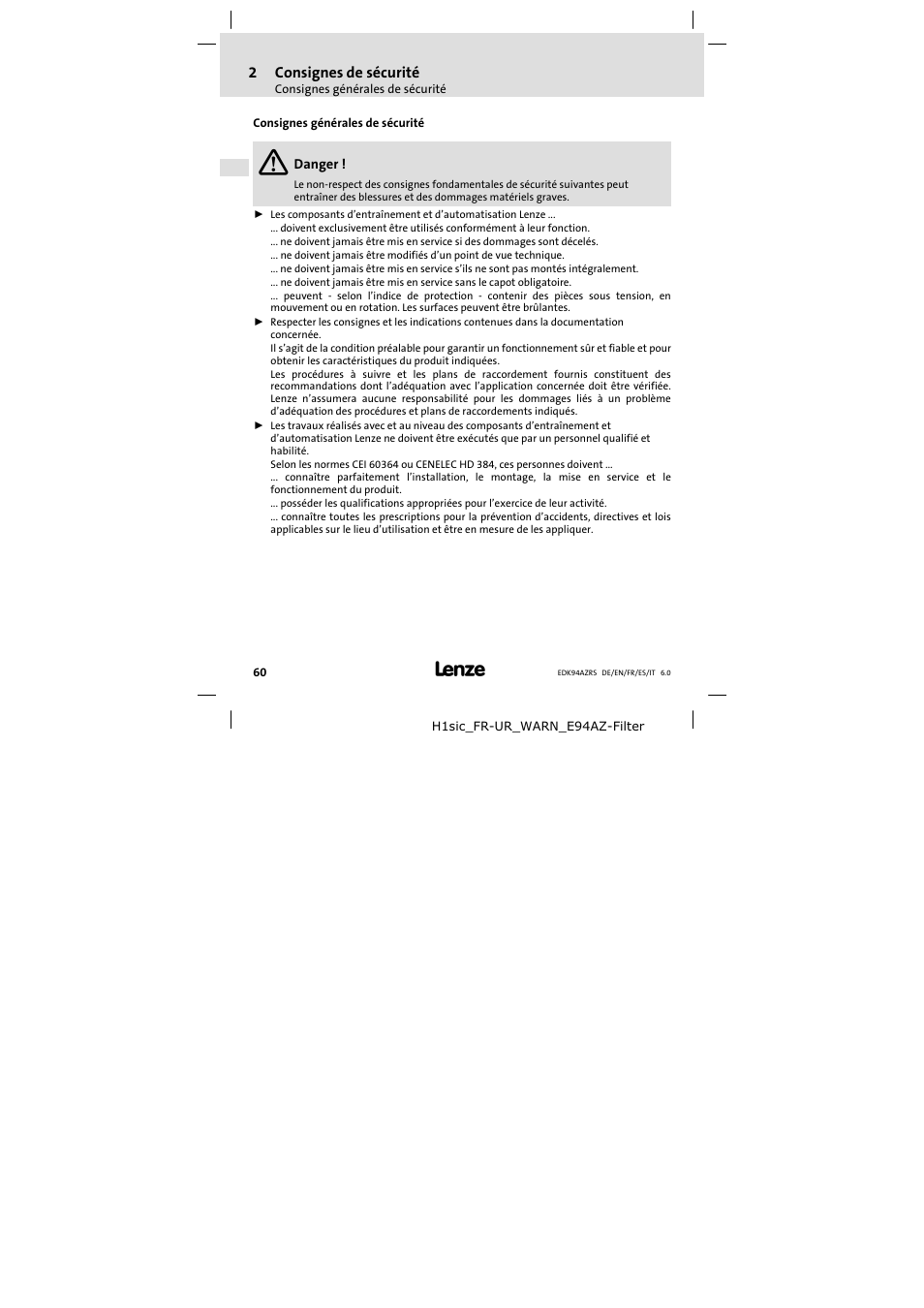 Consignes de sécurité, Consignes générales de sécurité | Lenze E94AZRS0294 User Manual | Page 60 / 132