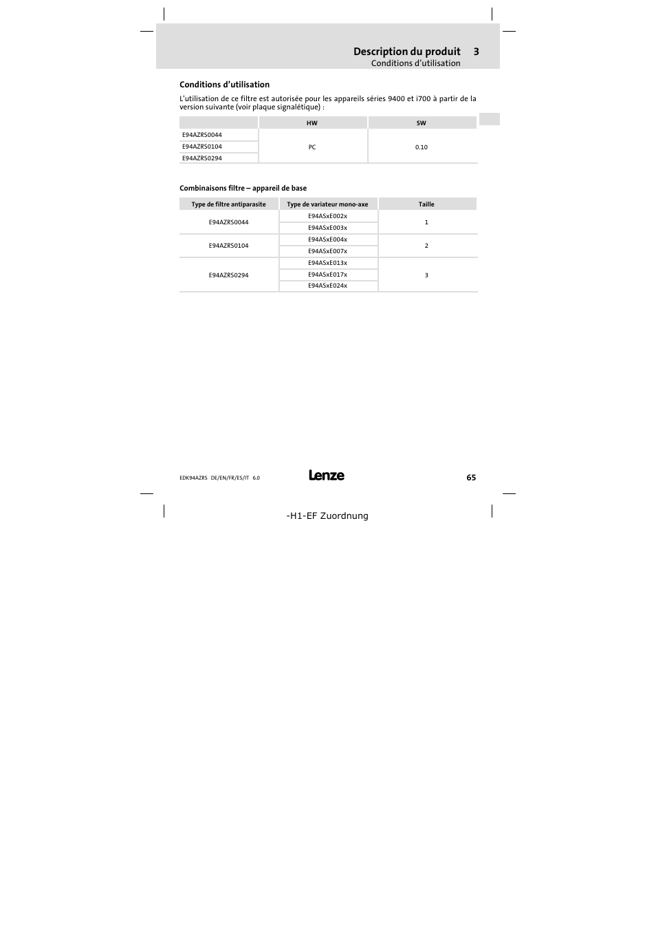 Conditions d'utilisation, Conditions d’utilisation, Description du produit | Lenze E94AZRS0294 User Manual | Page 65 / 132