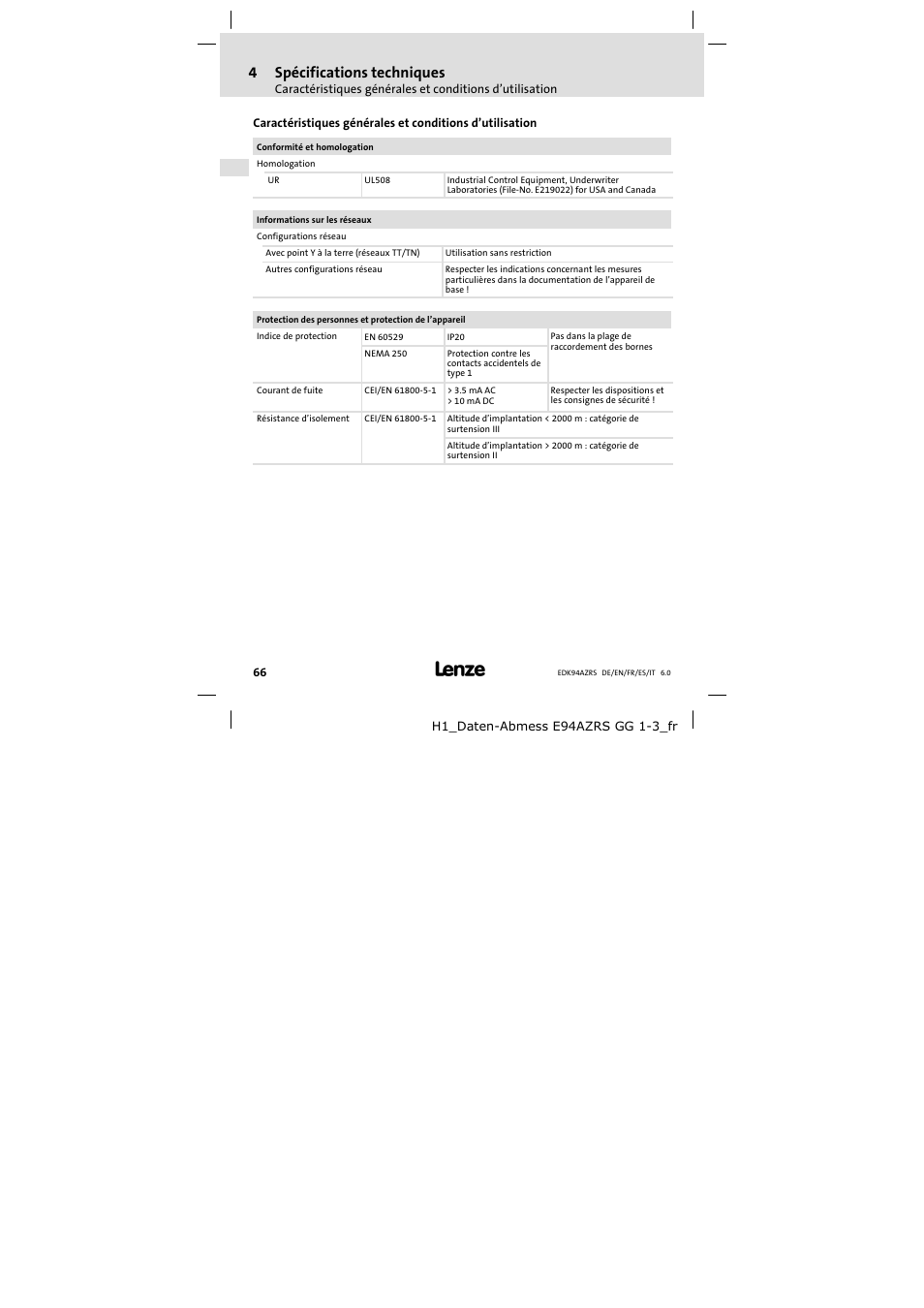 Spécifications techniques, 4spécifications techniques | Lenze E94AZRS0294 User Manual | Page 66 / 132