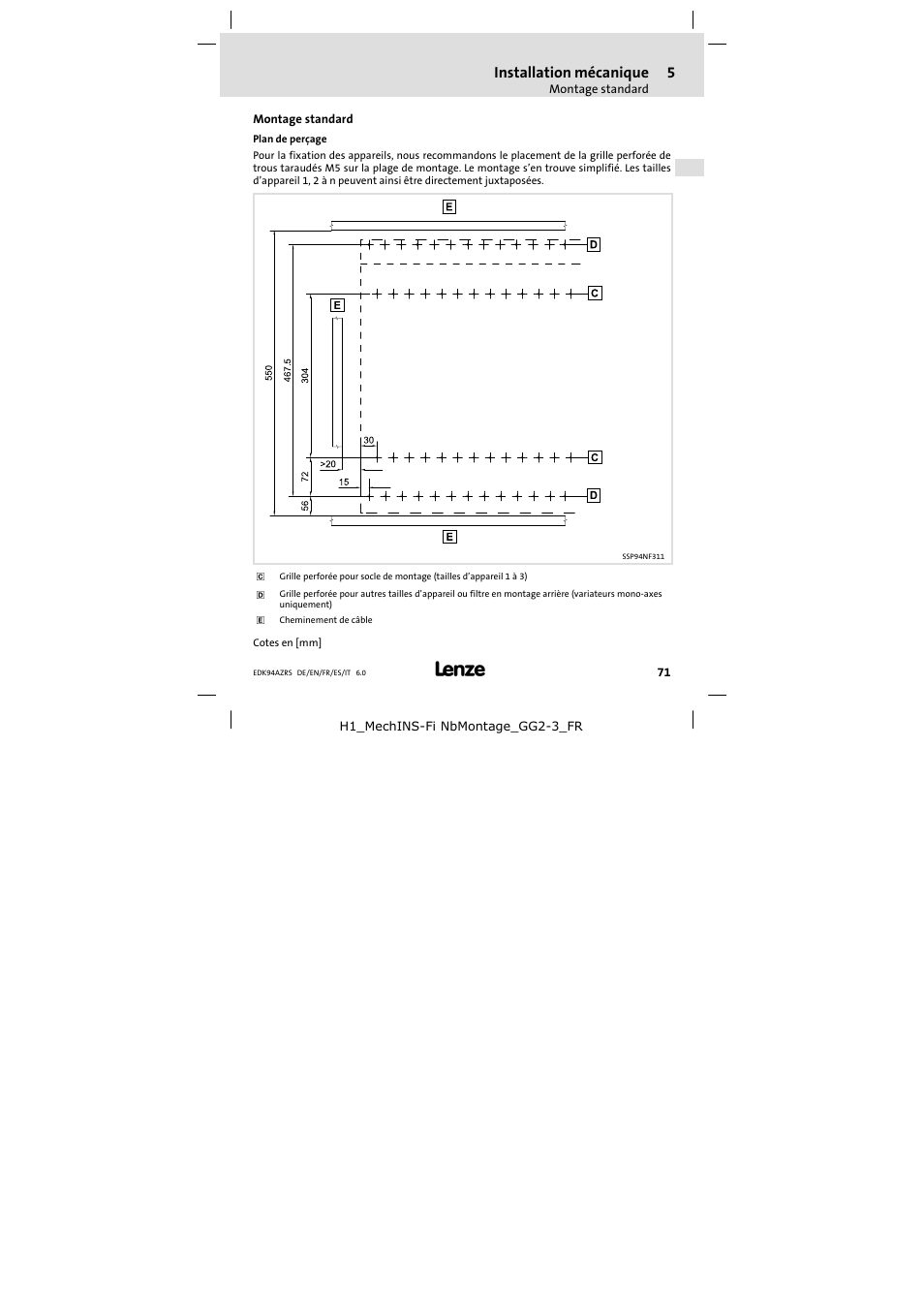 Montage standard, Plan de perçage, Installation mécanique | Lenze E94AZRS0294 User Manual | Page 71 / 132