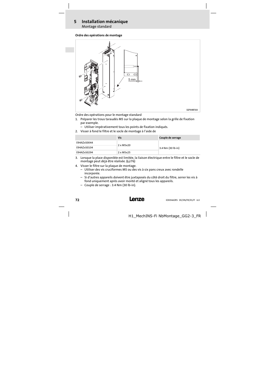 5installation mécanique | Lenze E94AZRS0294 User Manual | Page 72 / 132