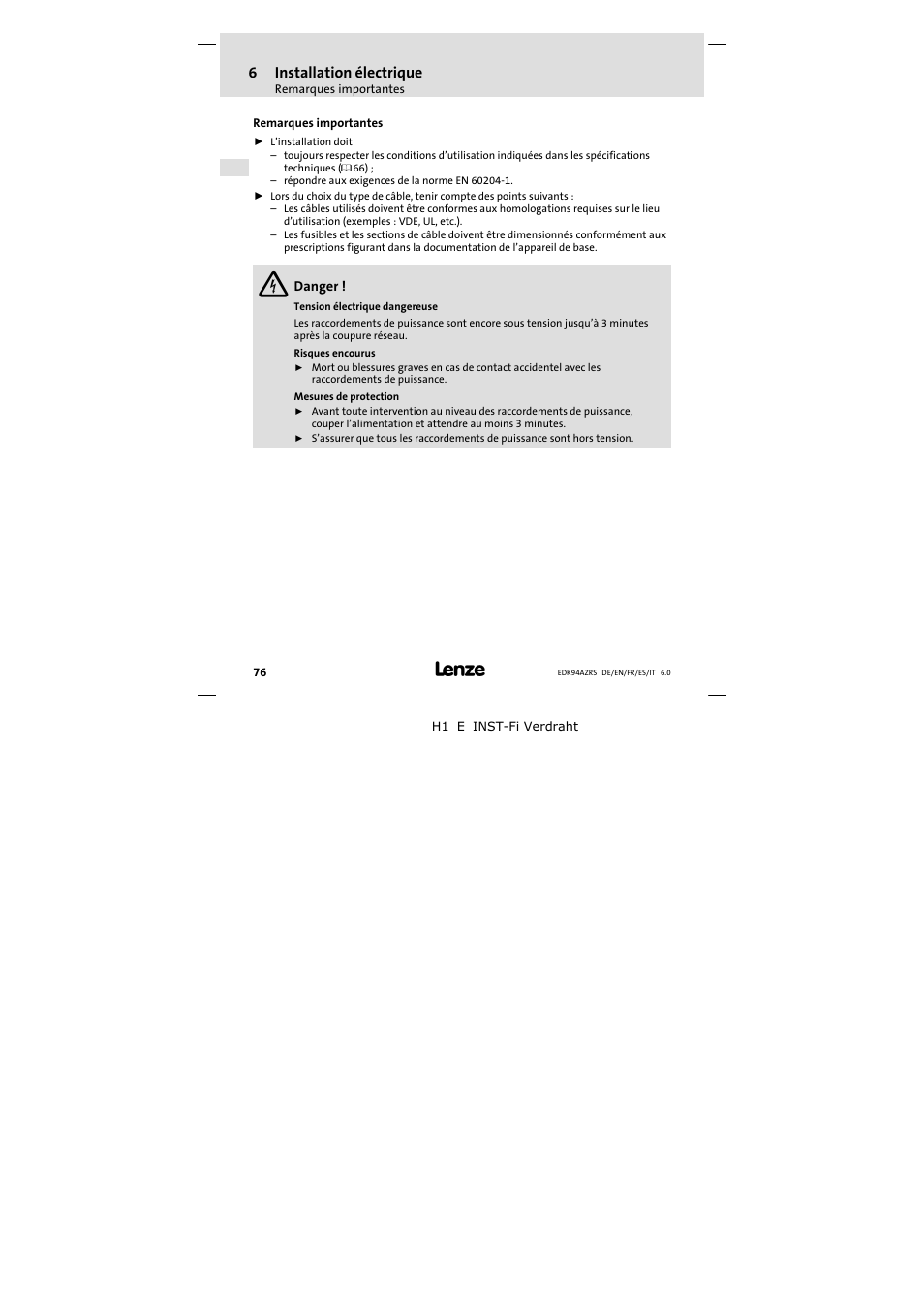Installation électrique, Remarques importantes, 6installation électrique | Lenze E94AZRS0294 User Manual | Page 76 / 132