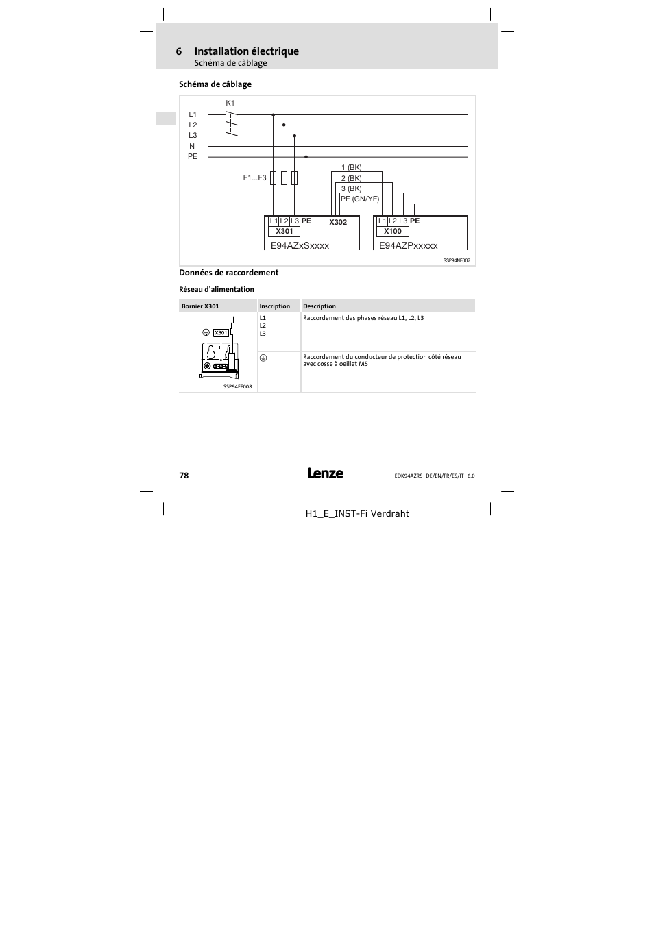 Schéma de câblage, Données de raccordement, 6installation électrique | Lenze E94AZRS0294 User Manual | Page 78 / 132